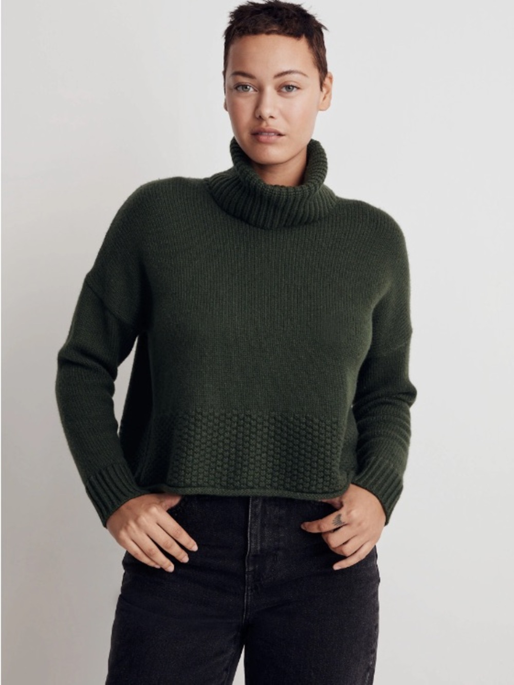 Madewell Wool Blend Olive Green Cropped Turtleneck Sweater